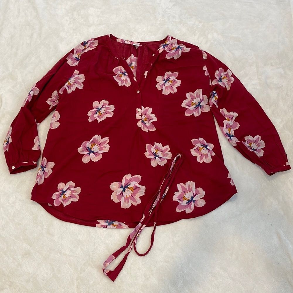 Old Navy Maternity Floral-Print Gauze Tie-Belt Top Burgundy Red Small